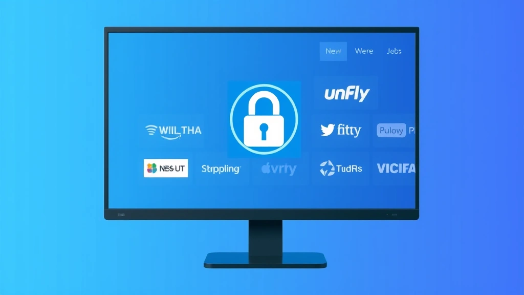 Digital streaming interface showing legal streaming platforms on computer monitor with padlock security icon, modern minimalist design, blue and white color scheme, no text visible