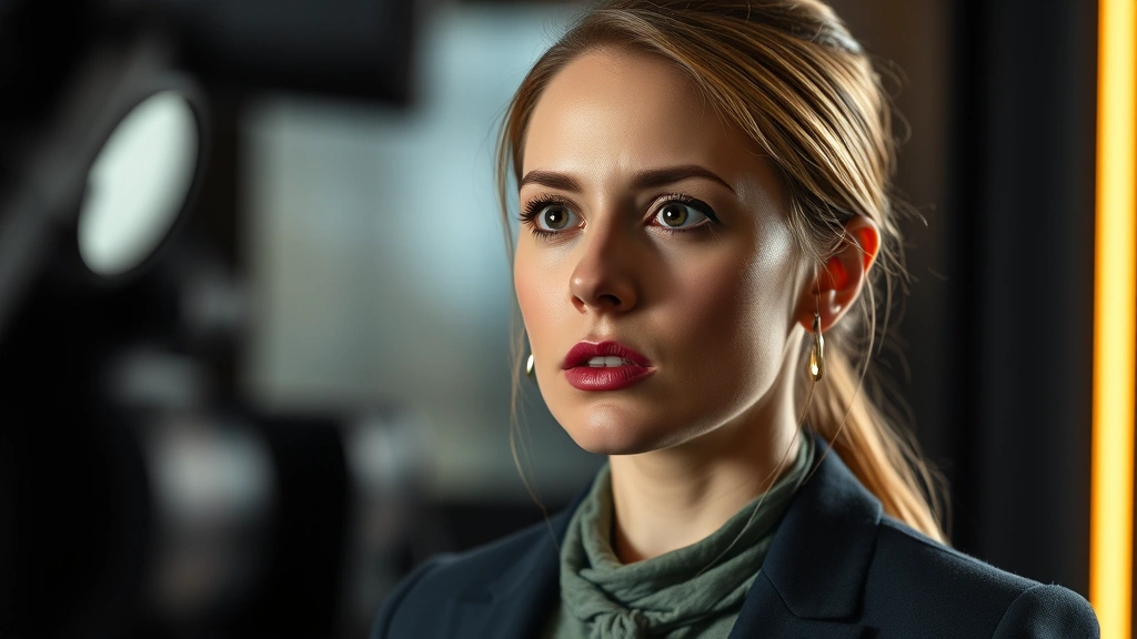 Professional female actor in dramatic scene, intense emotional expression, modern television studio lighting, close-up shot showing subtle facial performance detail, contemporary professional appearance