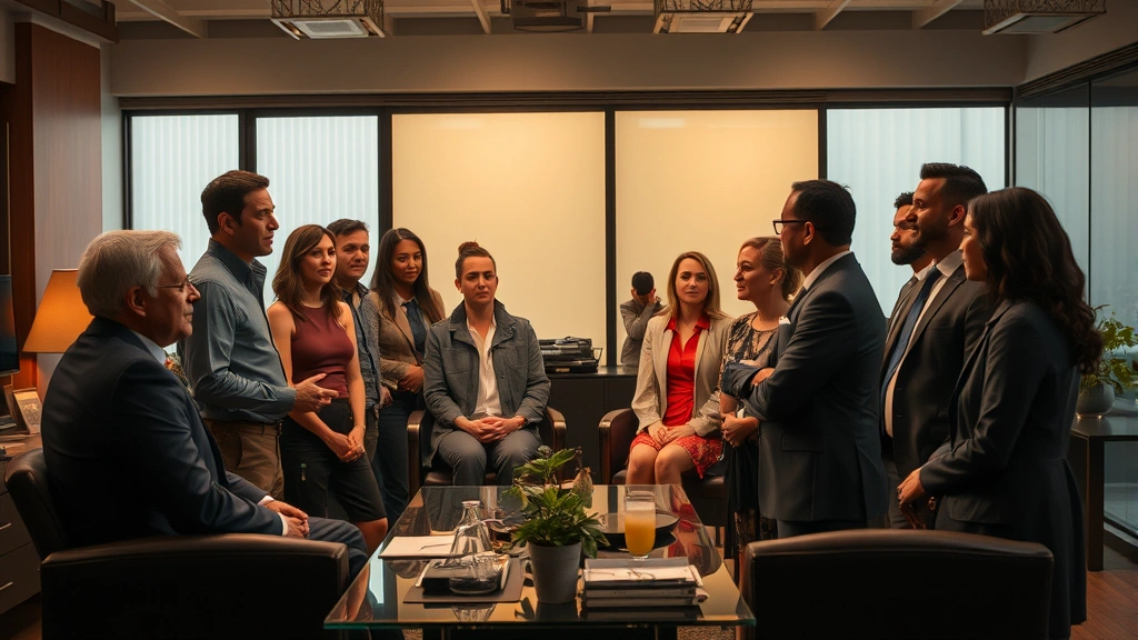 Diverse ensemble cast in contemporary television drama setting, multiple actors in serious discussion scene, professional office or institutional interior, dramatic warm lighting emphasizing character interaction and tension