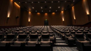 Modern multiplex theater auditorium interior with reclining seats, advanced projection equipment, and ambient lighting design in contemporary cinema setting