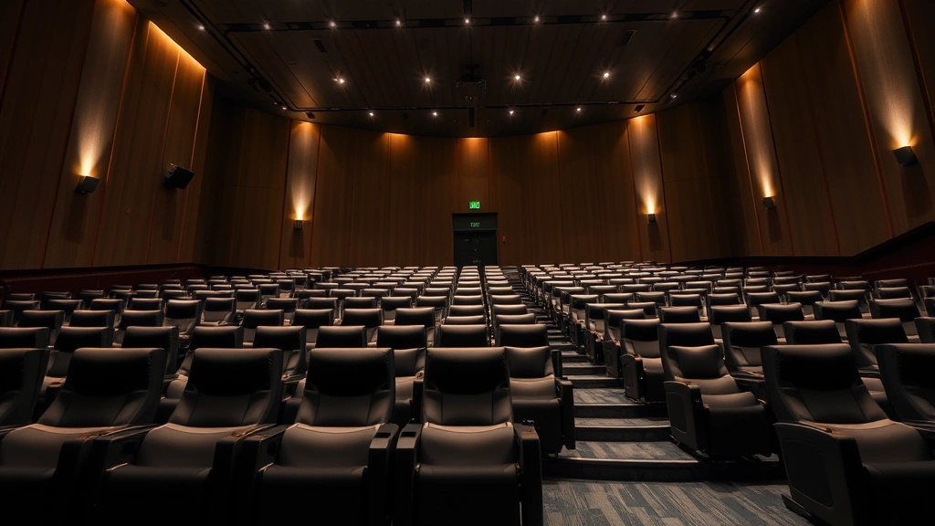 Modern multiplex theater auditorium interior with reclining seats, advanced projection equipment, and ambient lighting design in contemporary cinema setting