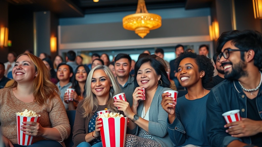 Diverse audience members of various ages and ethnicities enjoying popcorn and refreshments in a modern theater lobby with elegant decor