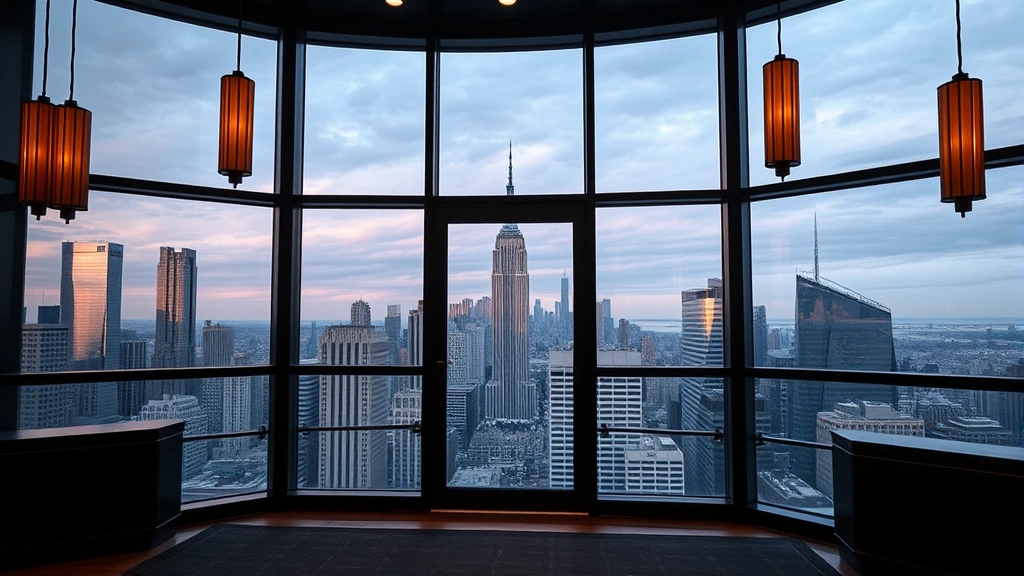 Manhattan skyline visible through floor-to-ceiling windows of a contemporary movie theater building entrance with art deco architectural elements