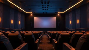 Modern movie theater interior with rows of reclining seats facing a large cinema screen, warm ambient lighting, contemporary auditorium design with excellent sightlines, photorealistic high quality
