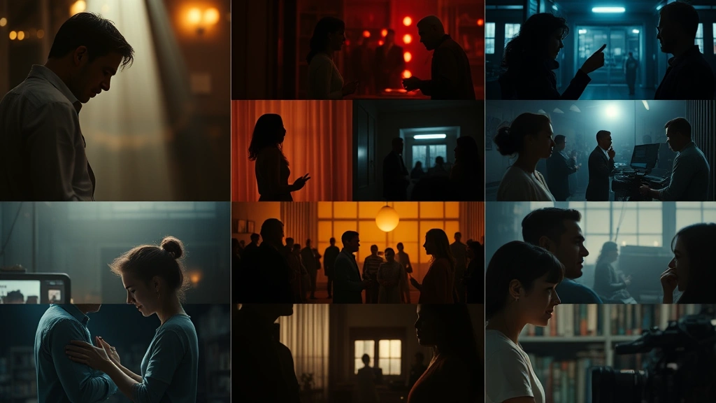 Diverse array of film genres represented through visual storytelling elements, including romantic drama lighting, action-scene cinematography, and intimate character-driven moment compositions, professional production quality, no text or interface elements, cinematic color grading