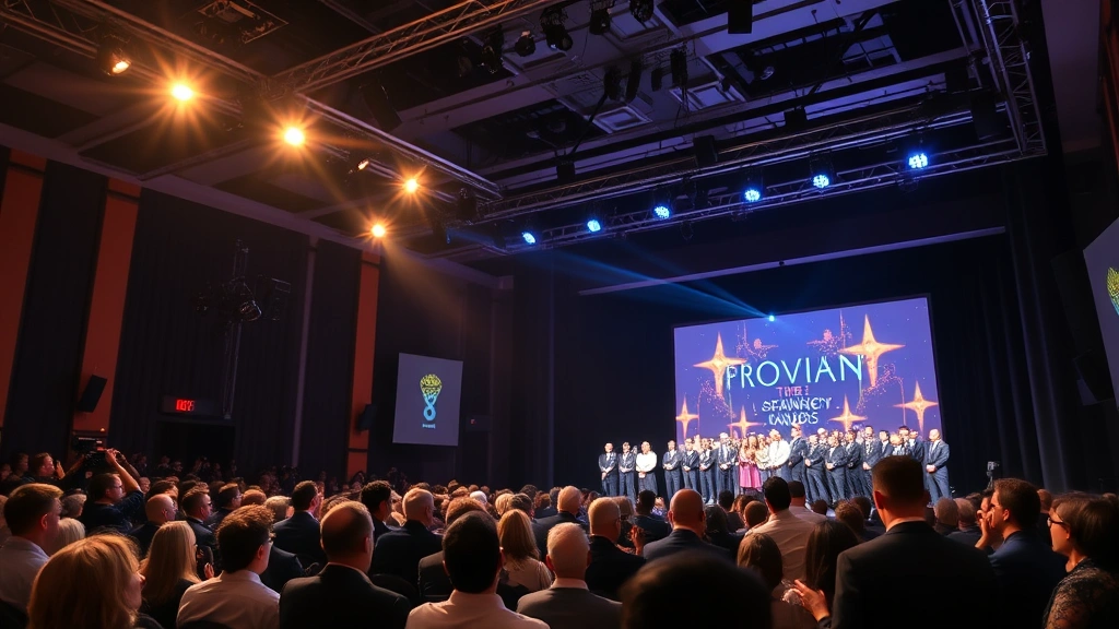 Film festival or awards ceremony atmosphere, elegant venue with professional lighting, audience members in formal attire, stage setup suggesting recognition and achievement, sophisticated production design, warm ambient lighting emphasizing prestige and accomplishment