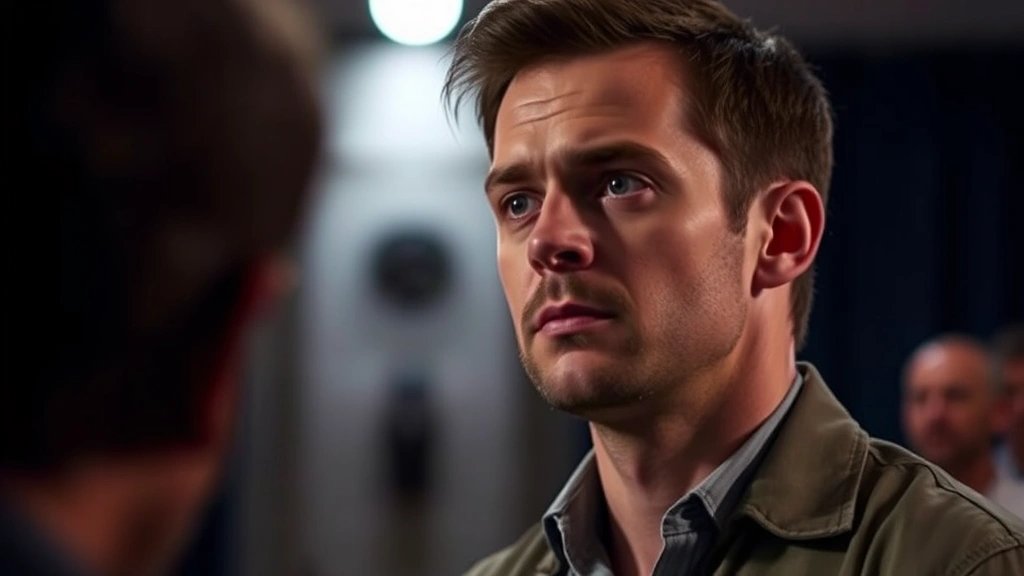 Professional male actor in dramatic scene, thoughtful expression, film set lighting, cinematographic quality, no text or identifying marks