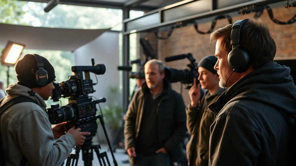 Behind-the-scenes film production environment, actor working with crew, professional setting, camera and lighting equipment visible, natural production atmosphere