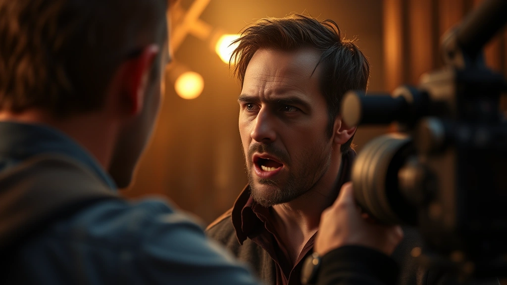 Actor in character during intense dramatic moment, emotional performance capture, cinematic lighting, film production context, no visible text or graphics