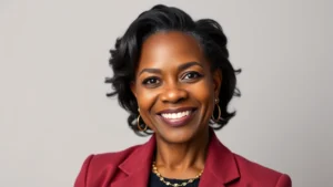 Professional headshot of mature African American woman with warm smile, studio lighting, neutral background, professional attire, photorealistic portrait photography, entertainment industry style