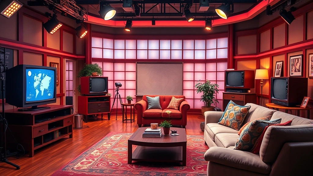 Television studio set with warm lighting, comfortable living room interior, vintage 1980s sitcom aesthetic, cozy furniture arrangement, professional production design, no people visible