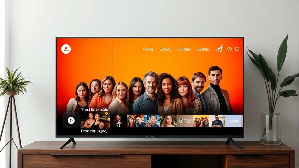 Contemporary streaming platform interface on modern device screen showing diverse cast ensemble, warm color palette, professional streaming production quality, modern entertainment setting