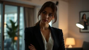 Professional female actress in contemplative pose, dramatic lighting, modern apartment setting, candid emotional expression, cinematic depth of field, contemporary film aesthetic