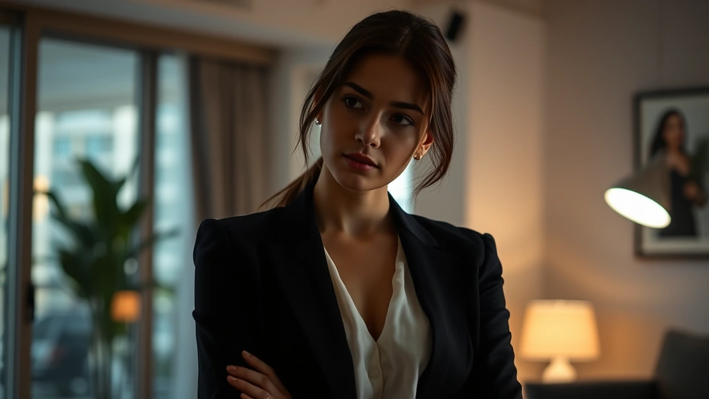 Professional female actress in contemplative pose, dramatic lighting, modern apartment setting, candid emotional expression, cinematic depth of field, contemporary film aesthetic