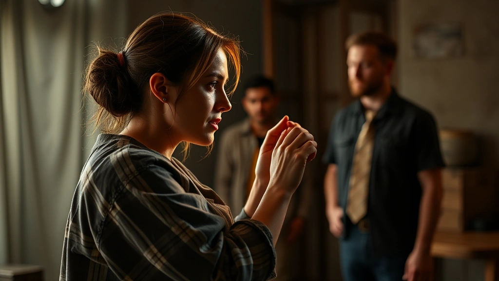 Female performer during intimate scene work, ensemble cast interaction, theatrical staging, emotional vulnerability, naturalistic lighting, character study atmosphere, serious dramatic context