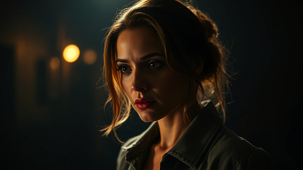 Actress in genre film setting, dark atmospheric lighting, complex character moment, psychological tension evident, modern cinematic composition, sophisticated performance capture, character-driven narrative