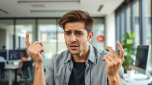 Young adult fidgeting nervously in modern office environment, natural lighting, showing physical restlessness and anxiety through body language and facial expression