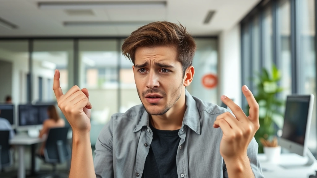 Young adult fidgeting nervously in modern office environment, natural lighting, showing physical restlessness and anxiety through body language and facial expression