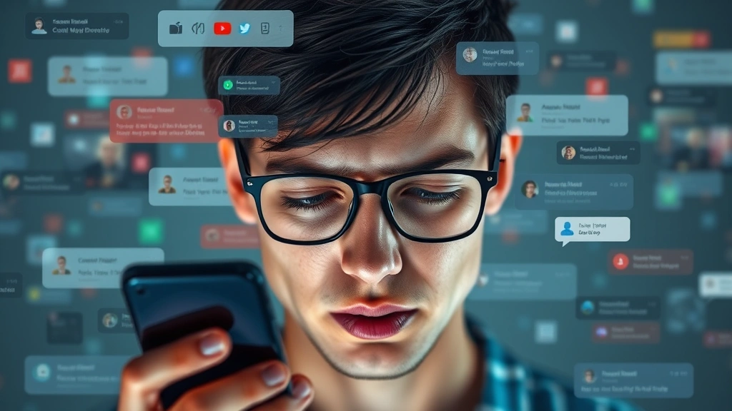 Split-screen composition showing digital notifications and smartphone alerts overlaying a person's distracted face, representing modern attention fragmentation and digital overstimulation