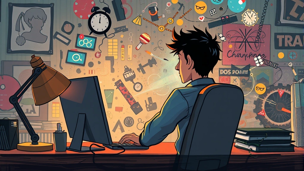 Character sitting at desk surrounded by visual representations of racing thoughts and mental chaos, impressionistic digital art style conveying psychological restlessness without text or interface elements