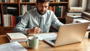 Professional writer working at desk with multiple style guide books, laptop showing italicized text in document editor, coffee cup and pen visible, warm office lighting, focused expression