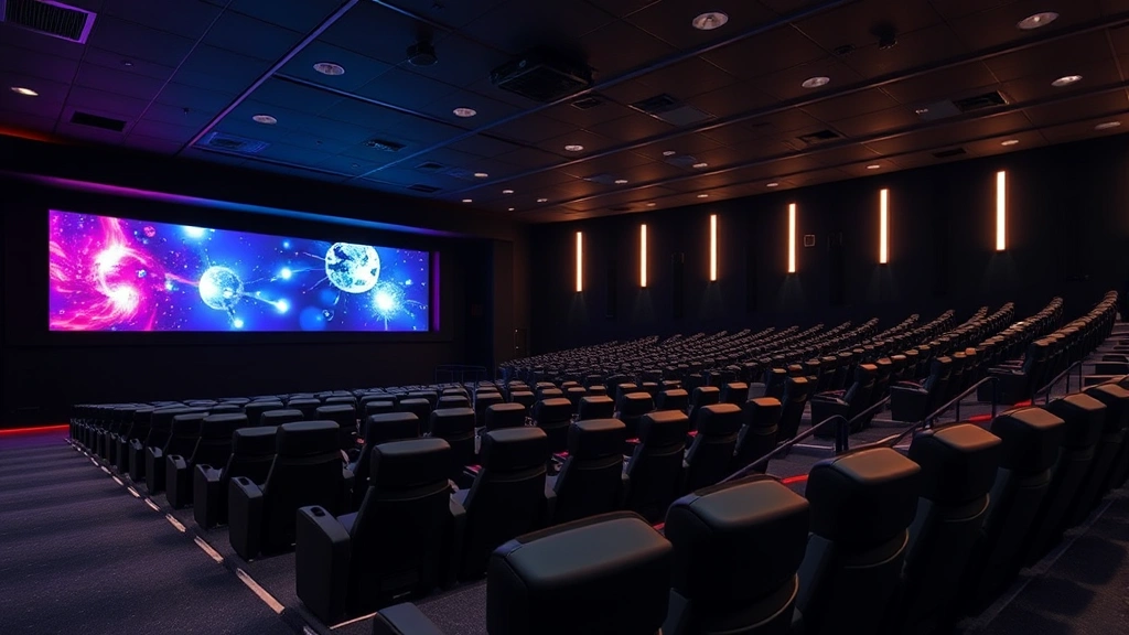 Modern multiplex cinema interior with stadium seating, recliners, and professional projection screens displaying vibrant movie imagery in dark theater environment
