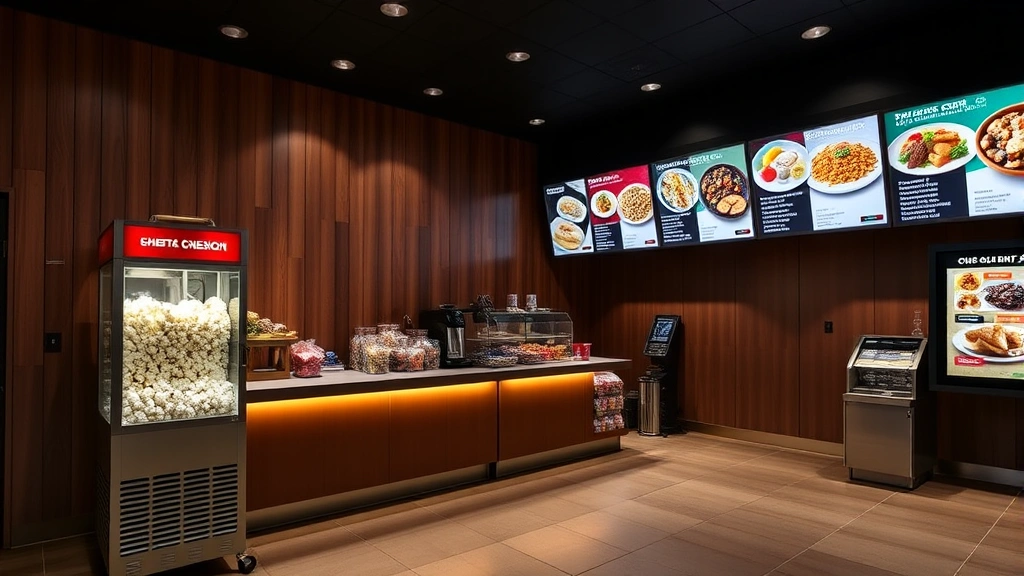 Contemporary theater concession counter with illuminated snack displays, popcorn machine, candy selections, and digital menu boards showing food options
