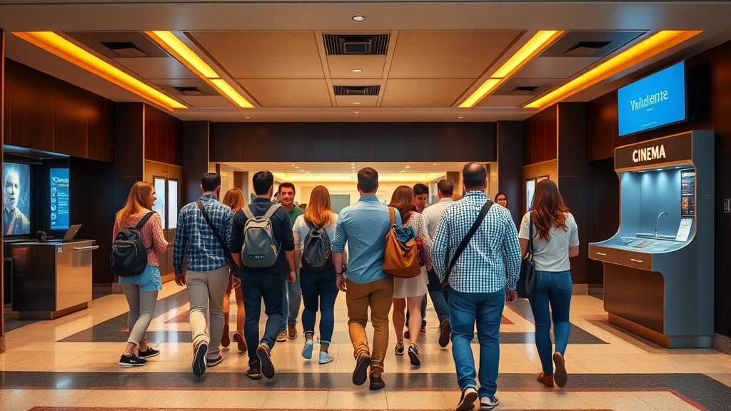 Group of diverse moviegoers entering modern cinema lobby, walking past ticket booth toward auditorium entrances, warm lighting and welcoming atmosphere
