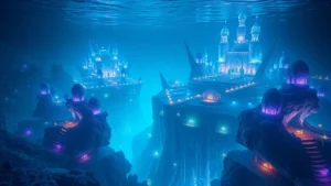 Underwater bioluminescent city with crystalline architecture glowing in blues and purples, deep ocean setting, photorealistic digital art style, no text or interface elements