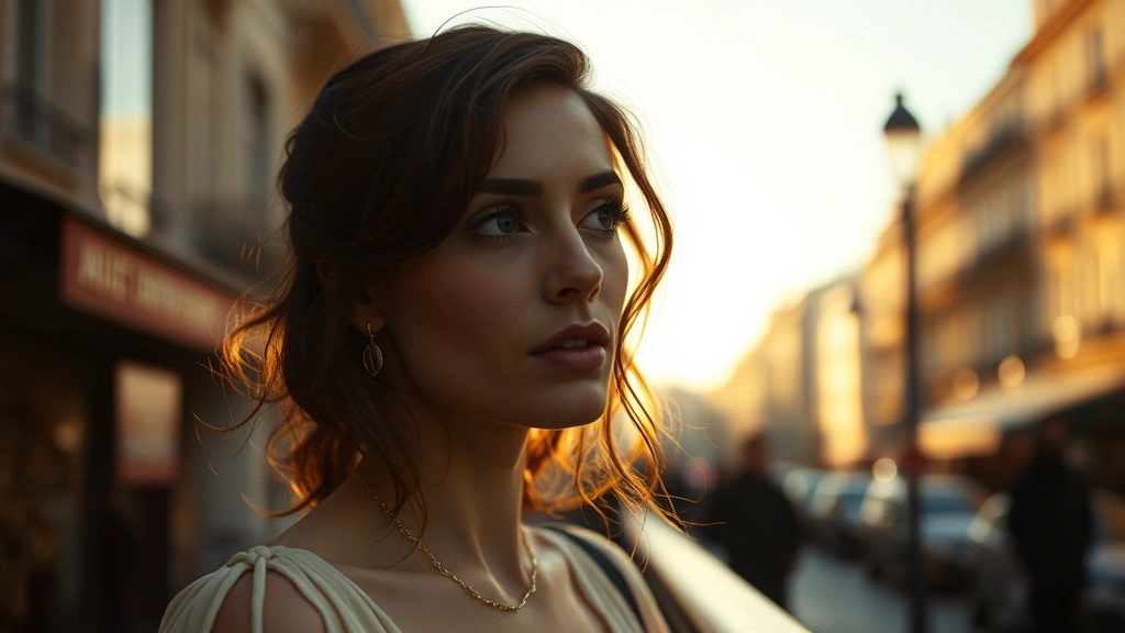 Ethereal French actress in soft Parisian light, thoughtful expression, vintage film aesthetic, warm golden hour cinematography, intimate close-up portrait