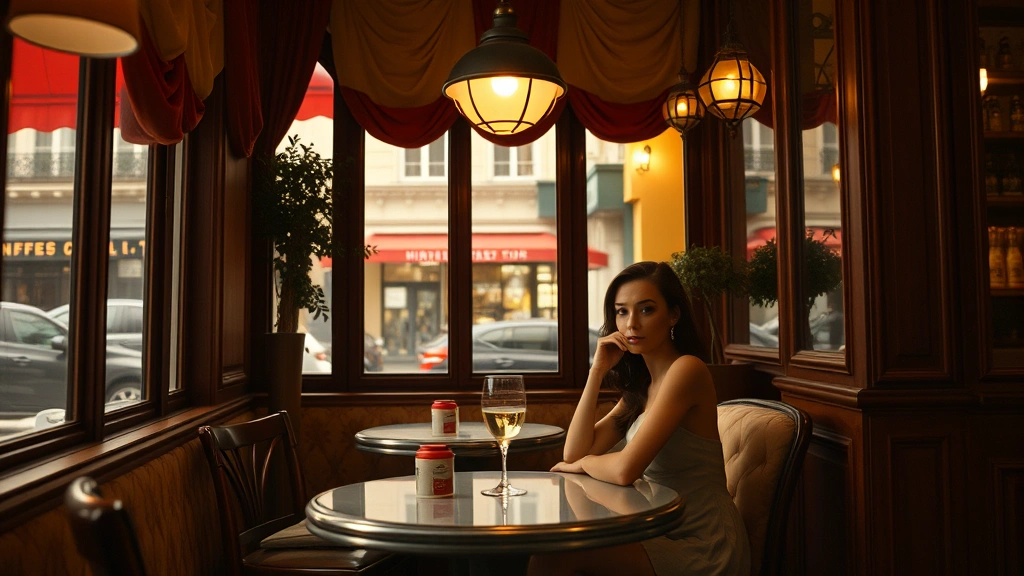 Cozy Parisian café interior with actress character sitting at table, warm amber lighting, European art cinema aesthetic, nostalgic film still quality