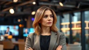 Professional female actor in sophisticated indoor setting, warm lighting, thoughtful expression, modern television studio environment, contemporary professional attire, confident posture, artistic credibility evident