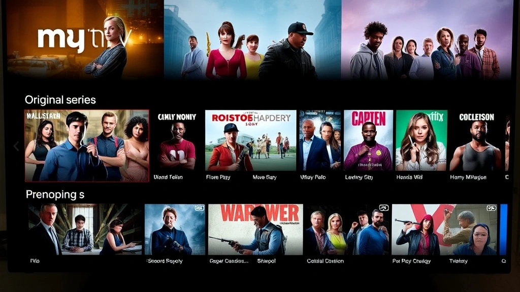 Streaming service interface showing various original series thumbnails, modern digital media platform, diverse storytelling represented, contemporary entertainment consumption, colorful production stills, digital landscape of prestige television