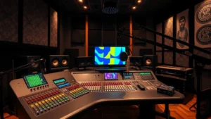 Modern recording studio with high-end audio equipment, mixing console with colorful faders and screens, professional microphone setup, representing music production environment with contemporary aesthetic and dramatic lighting