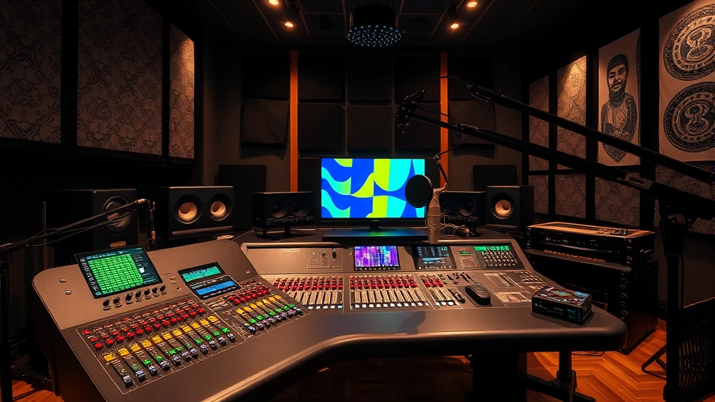 Modern recording studio with high-end audio equipment, mixing console with colorful faders and screens, professional microphone setup, representing music production environment with contemporary aesthetic and dramatic lighting