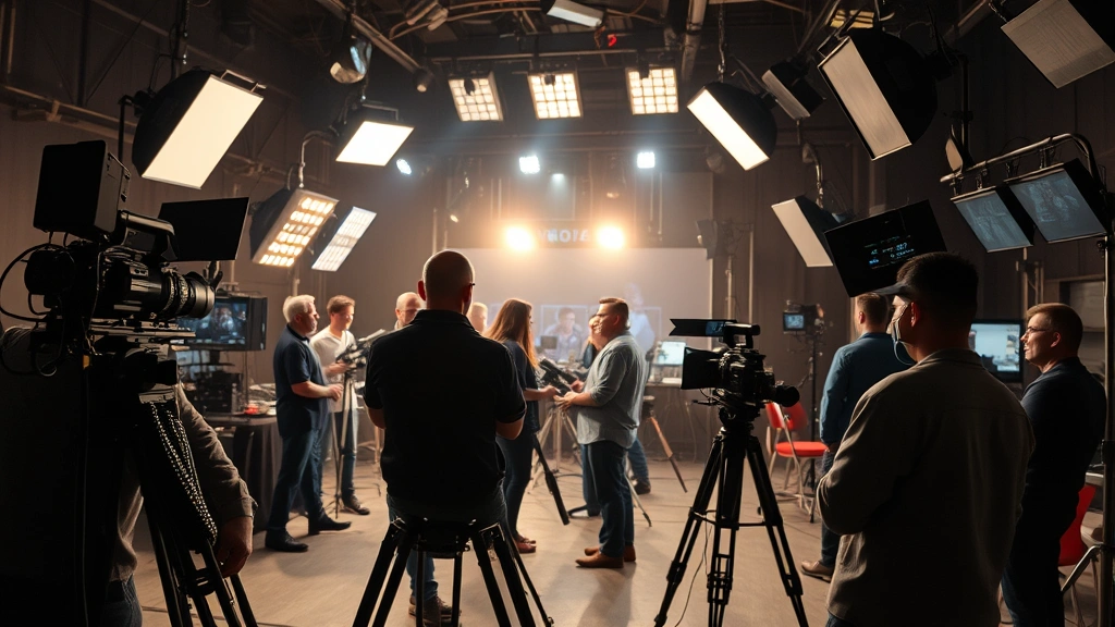 Film production set with cinema cameras, professional lighting rigs, crew members working collaboratively, sound equipment and monitors visible, capturing dynamic creative environment of movie filmmaking with authentic production atmosphere