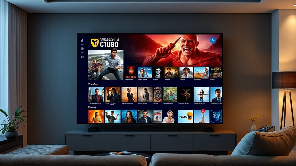 Digital streaming interface on large screen displaying video content library, modern smart TV setup, comfortable viewing environment with ambient lighting, representing contemporary film distribution and audience consumption patterns