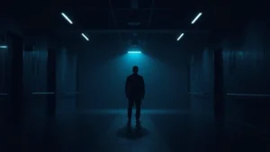 Dark cinematic scene showing a solitary figure in a dimly lit modern interior space, atmospheric tension, cool blue and grey color grading, photorealistic lighting effects, moody ambiance