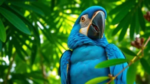 A vibrant blue macaw with expressive eyes in a lush Brazilian rainforest canopy, sunlight filtering through emerald leaves, photorealistic feather detail with natural lighting
