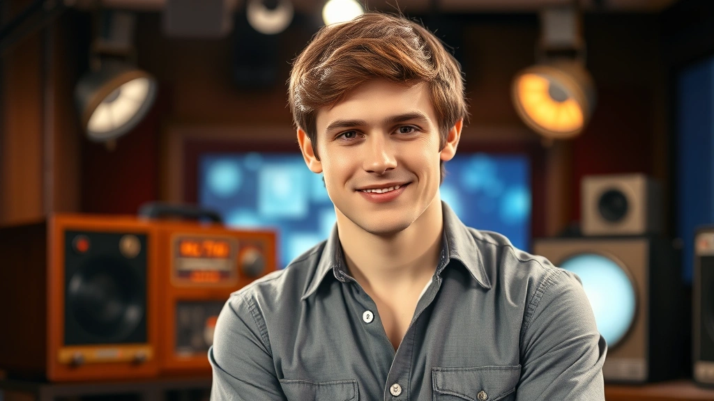 Professional studio portrait of young male television performer from 1970s era wearing period-appropriate casual shirt, warm lighting, soft focus background suggesting television studio setting, confident natural expression, photorealistic quality