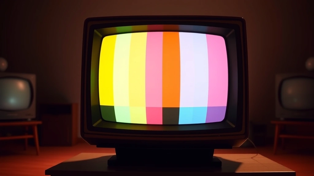 Retro television screen displaying warm color test pattern or broadcast imagery from 1970s era, soft ambient studio lighting reflecting off screen, shallow depth of field, nostalgic broadcast technology aesthetic, photorealistic detail