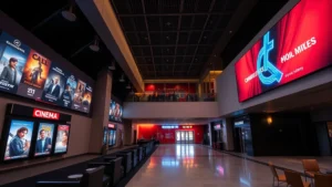 Modern cinema lobby with digital signage displaying movie titles and showtimes, contemporary lighting design, clean architectural space with comfortable seating areas visible