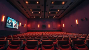 Modern movie theater interior with plush seating, warm ambient lighting, and digital projection screens displaying upcoming film posters in contemporary multiplex setting, photorealistic professional photography
