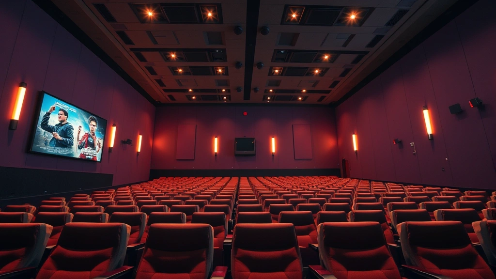 Modern movie theater interior with plush seating, warm ambient lighting, and digital projection screens displaying upcoming film posters in contemporary multiplex setting, photorealistic professional photography