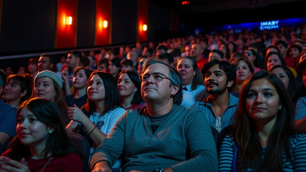 Diverse audience members enjoying theatrical experience in premium cinema with IMAX or Dolby Cinema branding visible, various ages and demographics seated together watching film, warm theater lighting