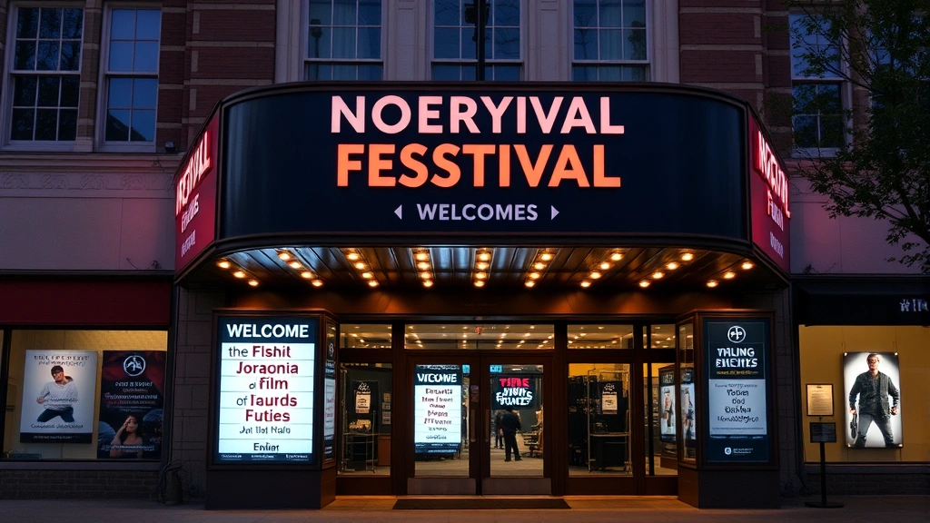 Film festival or independent theater venue exterior with marquee displaying international or independent film titles, welcoming entrance with cultural event signage, evening lighting atmosphere