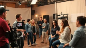 Professional film production set with diverse cast members rehearsing comedic scenes, warm lighting, collaborative atmosphere, modern film equipment visible, actors engaged in scene work