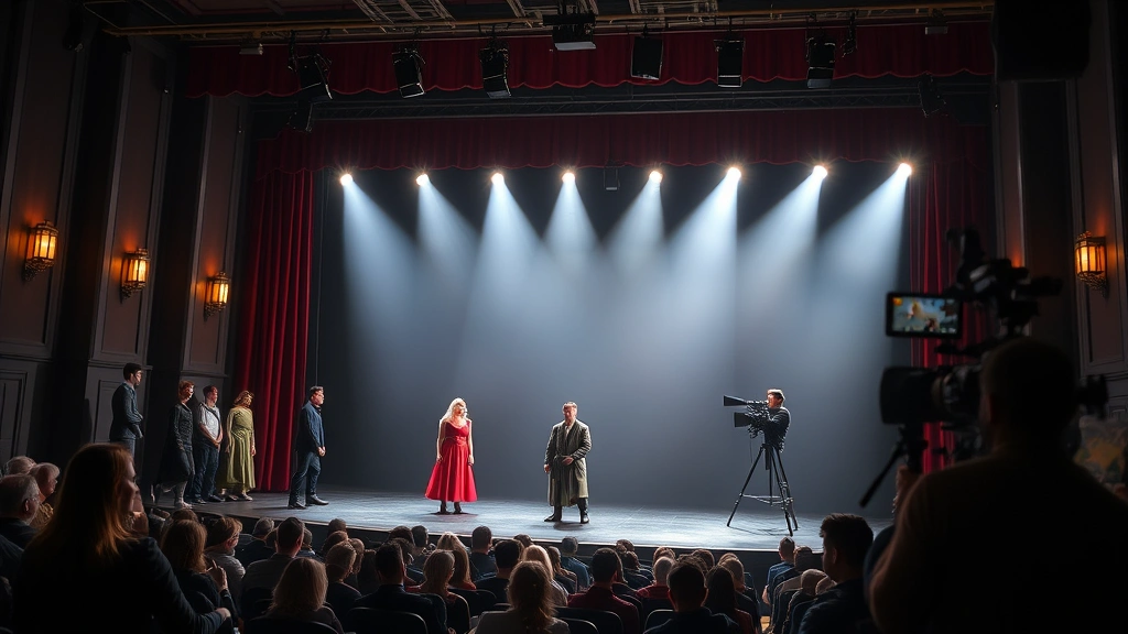 Theatrical stage performance transitioning to cinema, actors in character costumes, audience seating visible, professional stage lighting setup, behind-the-scenes film production elements integrated