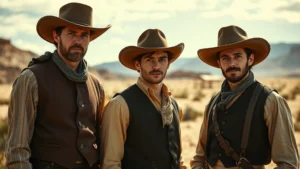 Young male actors in period Western costume, intense dramatic lighting, cinematic composition, outdoor desert location, authentic 1880s clothing, photorealistic film still aesthetic, no text or interface elements
