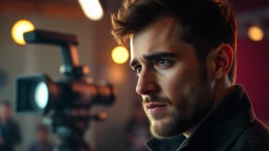 Cinematic close-up of a male performer in dramatic lighting on a film set, intense emotional expression, professional camera equipment visible in soft focus background, contemporary setting